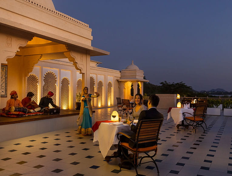 Dining terrace with Aravalli views at Trident Udaipur, a 5 star hotel in Udaipur offering regional cuisine.