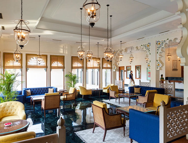 Lobby interiors of Trident Udaipur, a 5 star hotel in Udaipur with a welcoming and elegant atmosphere.