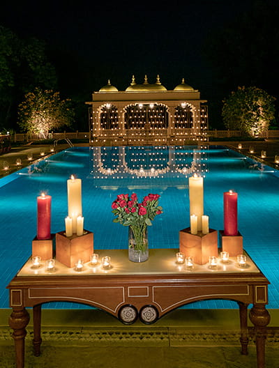 Theme deck setup at Trident Udaipur, a 5 star hotel in Udaipur ideal for outdoor celebrations and private events.